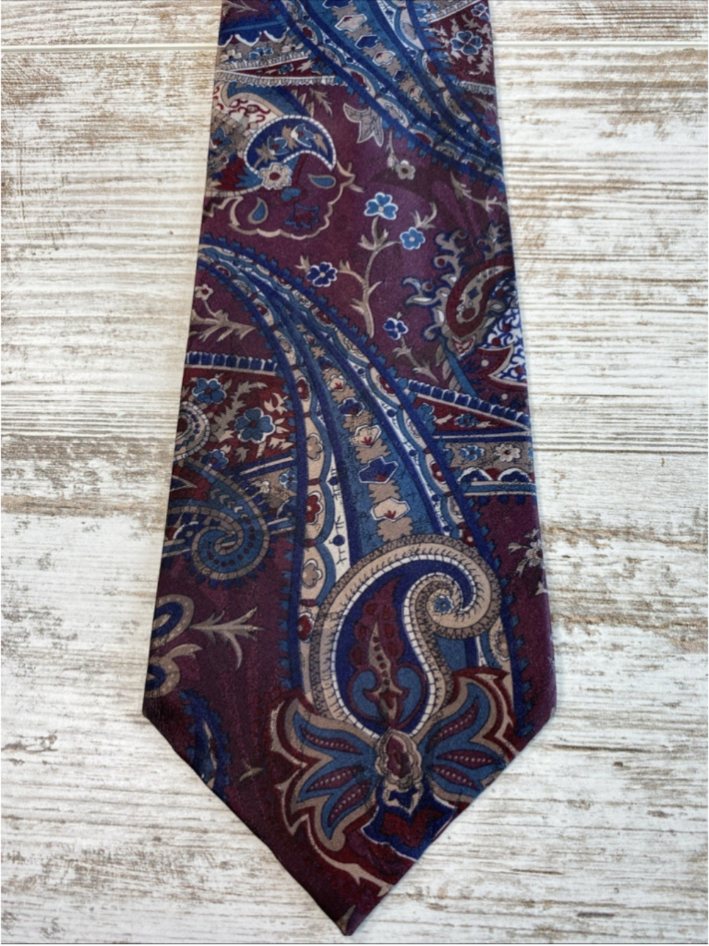 Allyn Saint George Tie Paisley Silk USA Burgundy Blue Tan Vintage Wide 56x4